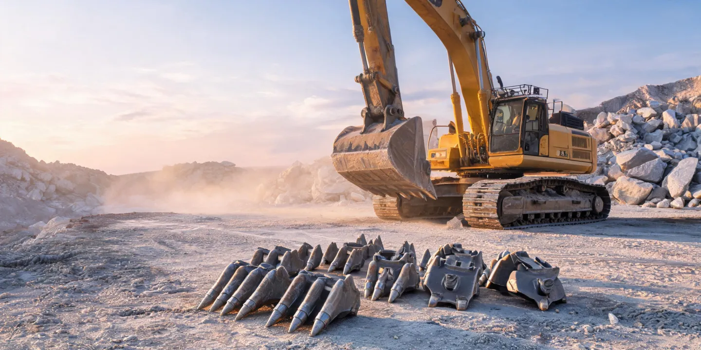 Excavator bucket teeth and adapters staged on a quarry pad
