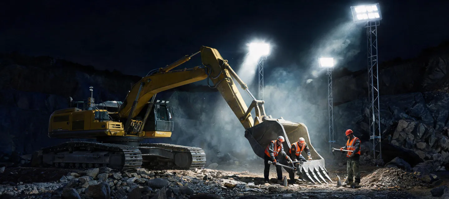 Night quarry with excavator changing bucket teeth